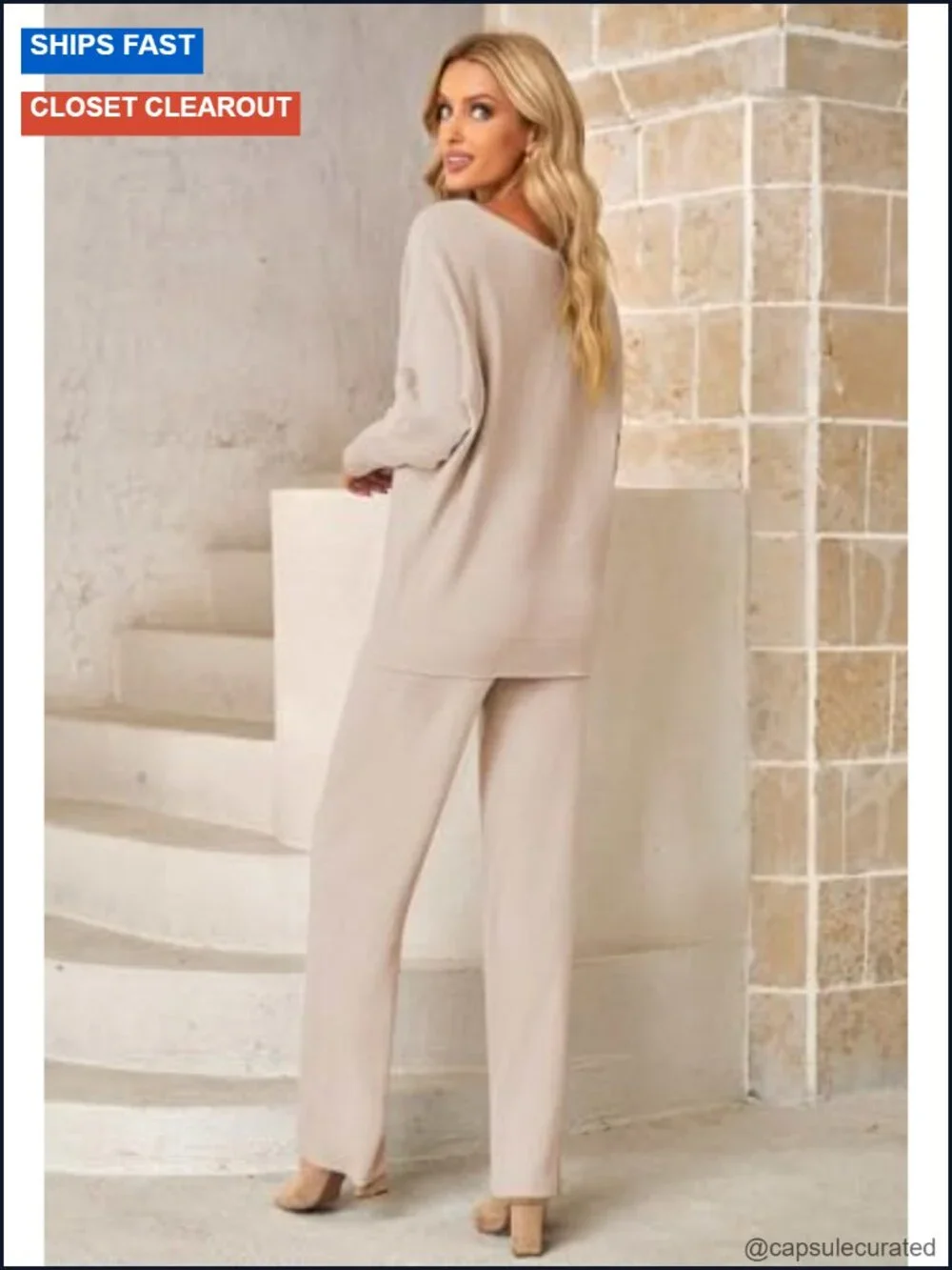 2 Piece Knitted Sweater Wide Leg Pants Off Shoulder Lounge Set